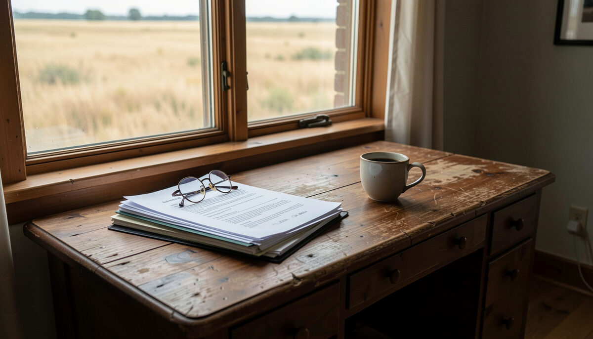 A worn walnut desk by a farmhouse window with a stack of paper documents, reading glasses and a coffee cup, morning light on a prairie field outside.