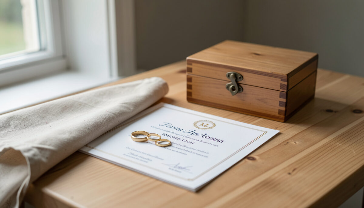 Two wedding rings and a folded marriage certificate on a linen cloth beside a wooden document box, soft window light.