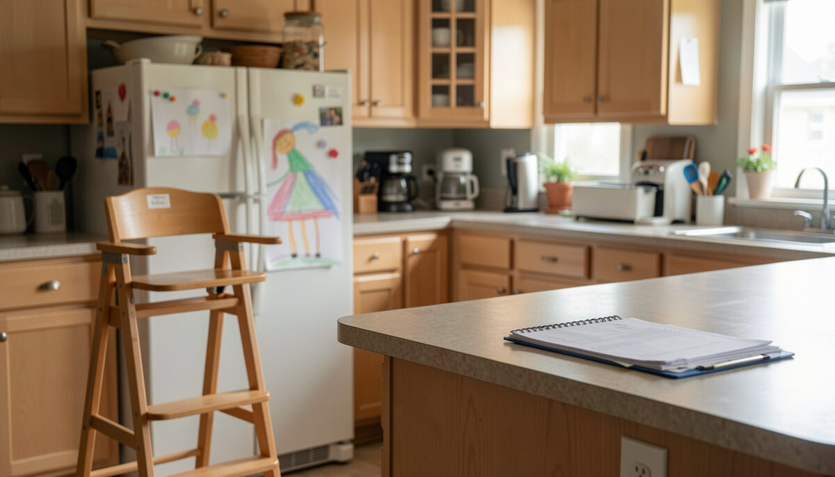 A tidy kitchen in a small Iowa house with a high chair, a child's drawing on the fridge and a folder of papers on the counter, nobody in frame.