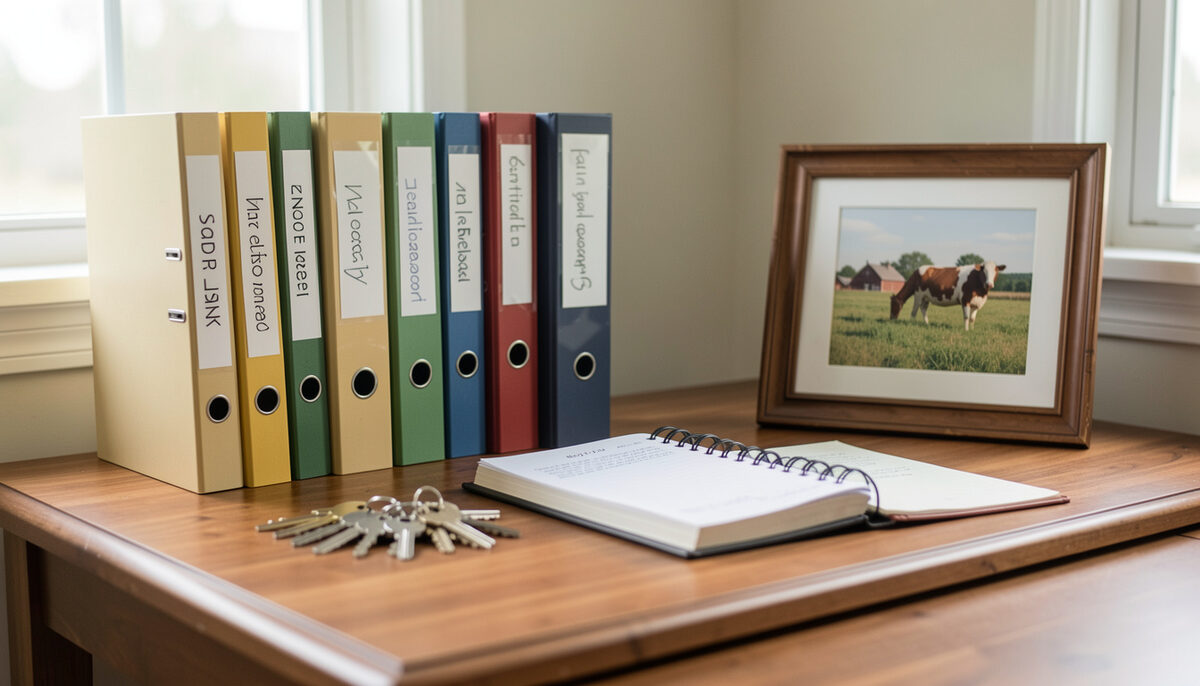 A tidy home office with labeled file folders, a ledger book and a ring of keys on a desk, a framed farm photo turned away, no people.