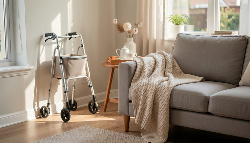 A sunny living room with a walker folded by the wall, a lap blanket and a tea tray on a side table, no people.