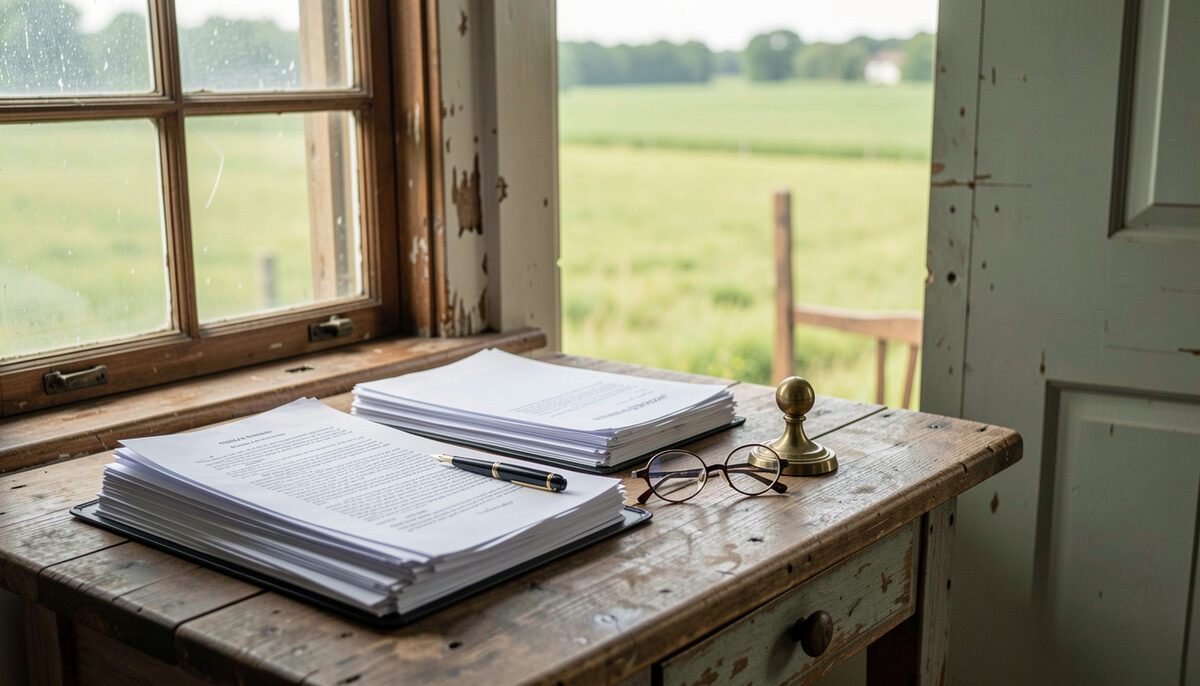 A farmhouse kitchen table by a window with stacked documents, a fountain pen, reading glasses and a brass paperweight, Iowa fields outside