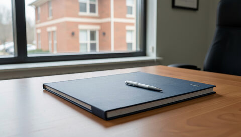 A stack of court forms and a date stamp on a clerk's counter in a county office, with a pen and a case file, no faces.