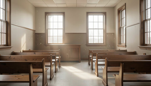 A plain county courtroom interior with empty wooden benches and tall windows, dust in the light, no people.