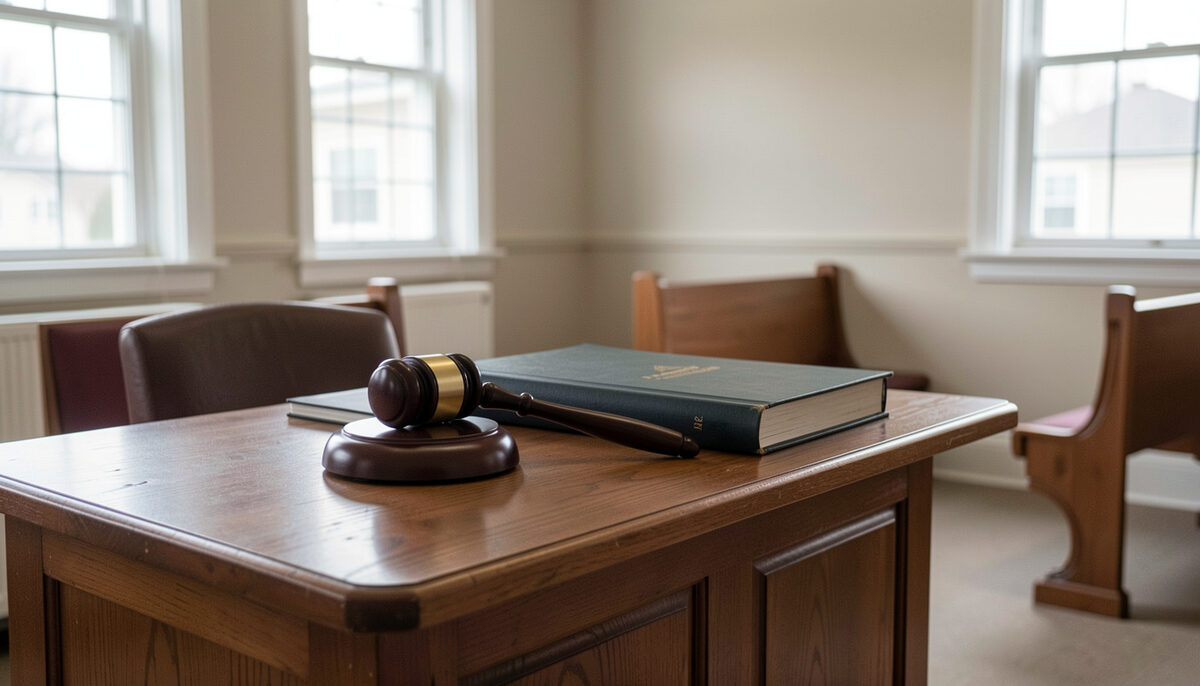 A wooden gavel and a closed case file on a judge's bench in a small county courthouse, empty room, no people.