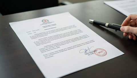 A signed legal document with a notary seal and a pen on a dark table, a hand hovering at the edge of frame but no face.