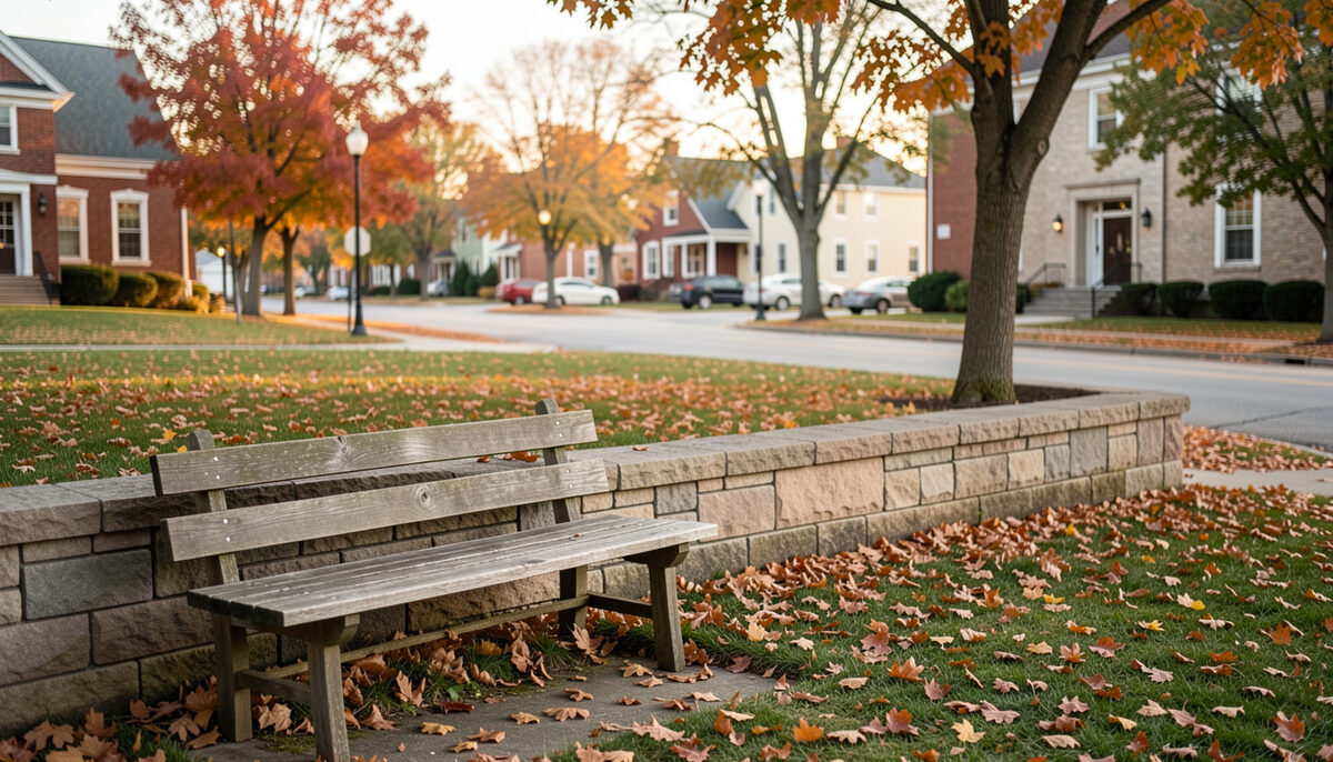A limestone county courthouse on a small-town Iowa square with an empty bench and a flag, late afternoon light, no people.