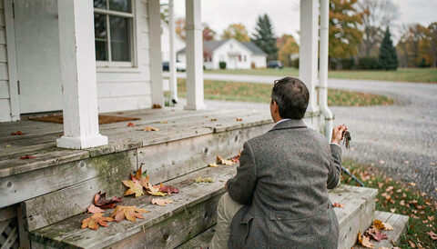 A person seen from behind sitting on the wooden front steps of a white Iowa farmhouse porch, a ring of keys in one hand, fallen maple leaves on the steps and a gravel drive beyond, soft overcast autumn light