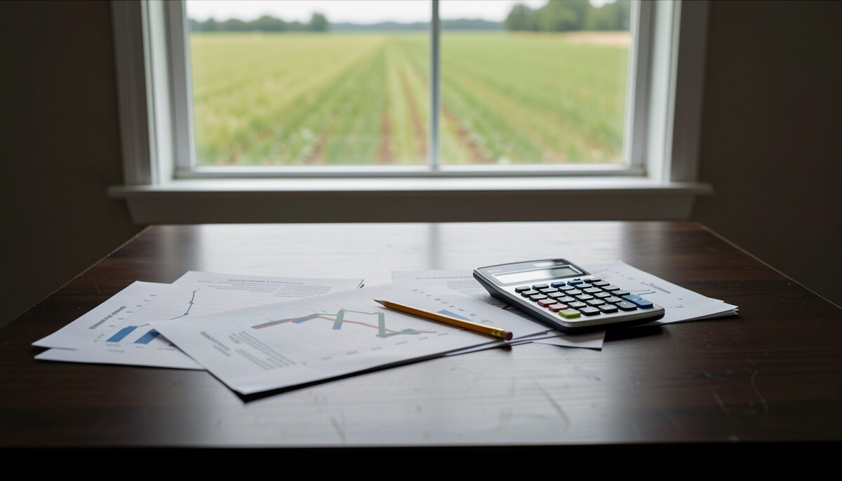 A spread of financial statements, a calculator and a pencil on a dark wood table, with a farm field visible through a window, no people.