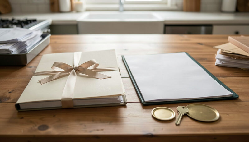 Two document folders open side by side on a kitchen table, one with a ribbon seal, beside a house key and a small brass nameplate with no readable text.